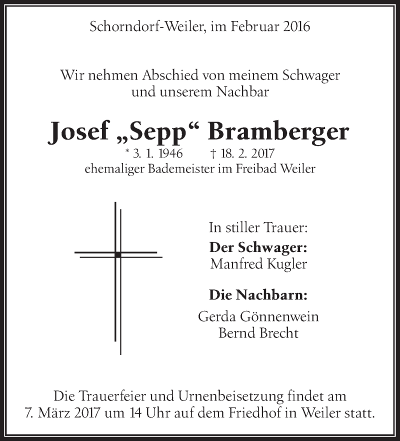  Traueranzeige für Josef  Bramberger vom 02.03.2017 aus Waiblinger Kreiszeitung