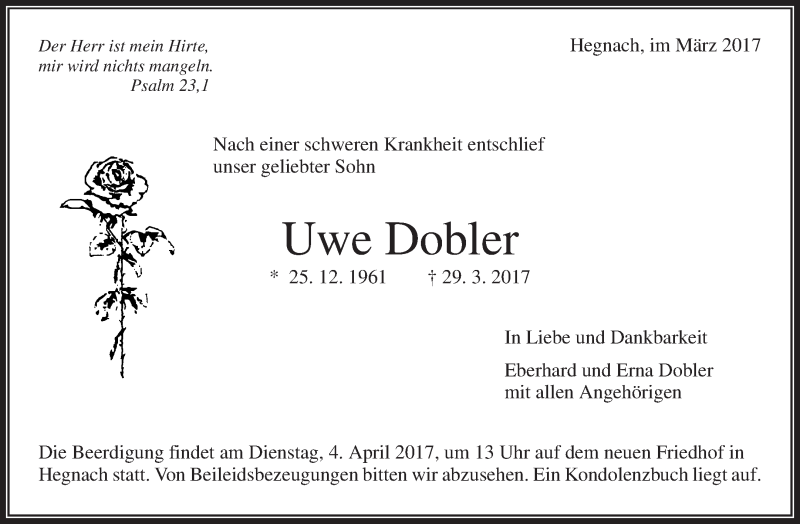  Traueranzeige für Uwe Dobler vom 01.04.2017 aus Waiblinger Kreiszeitung