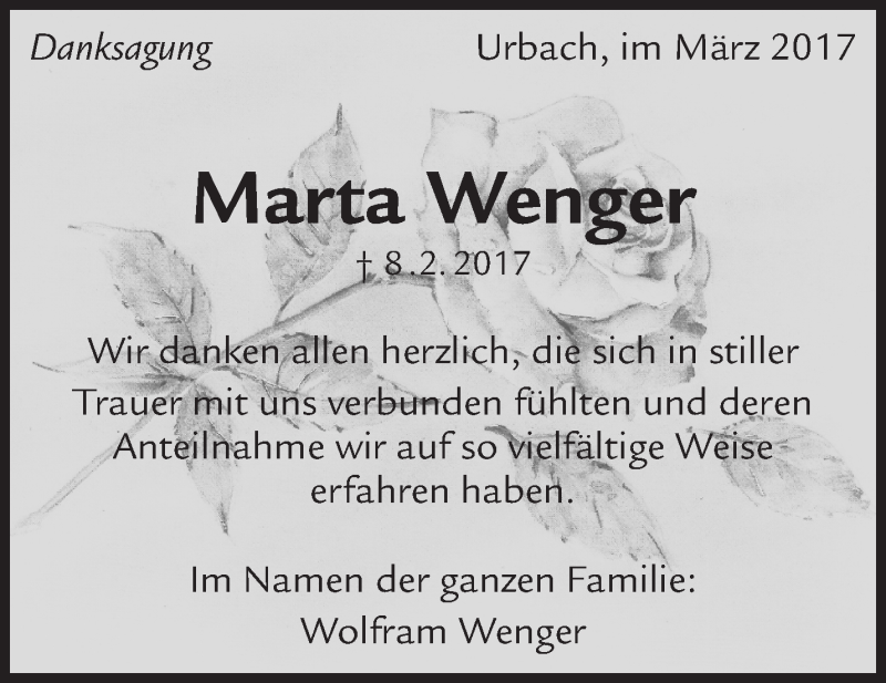  Traueranzeige für Marta Wenger vom 11.03.2017 aus Waiblinger Kreiszeitung