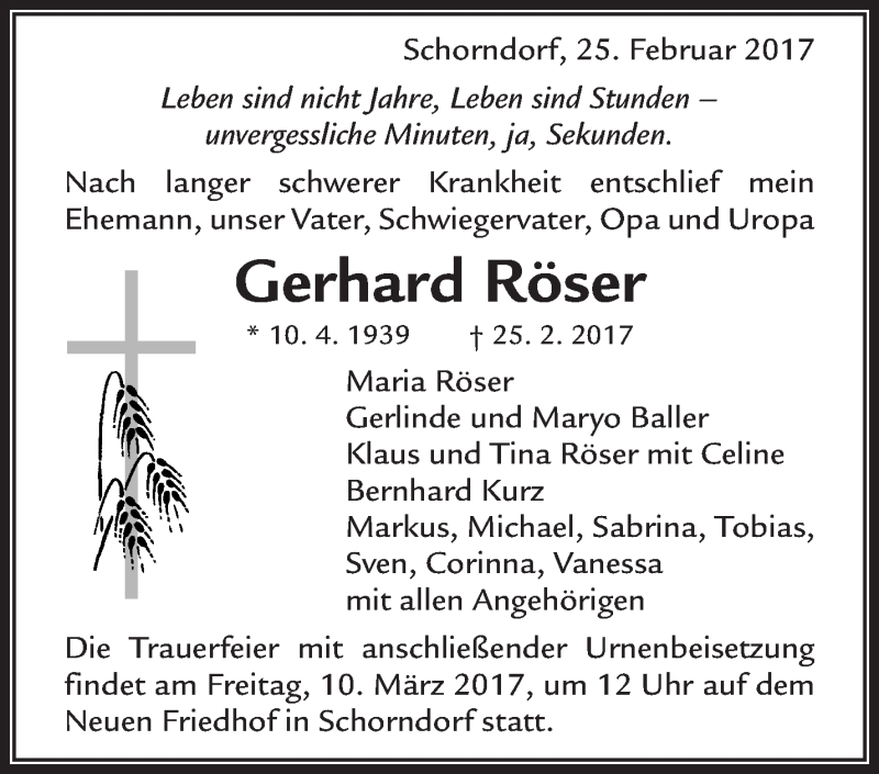 Traueranzeige für Maria Röser vom 08.03.2017 aus Waiblinger Kreiszeitung