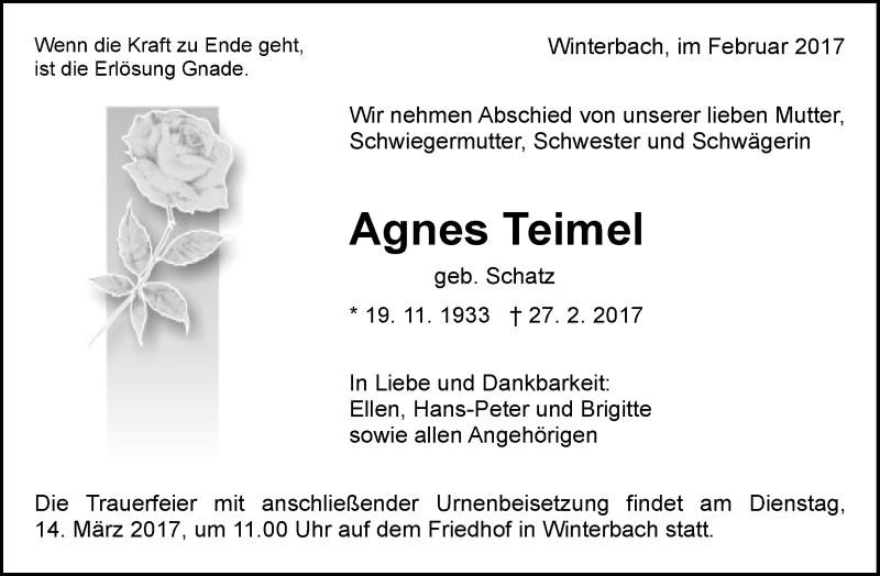  Traueranzeige für Agnes Teimel vom 11.03.2017 aus Waiblinger Kreiszeitung