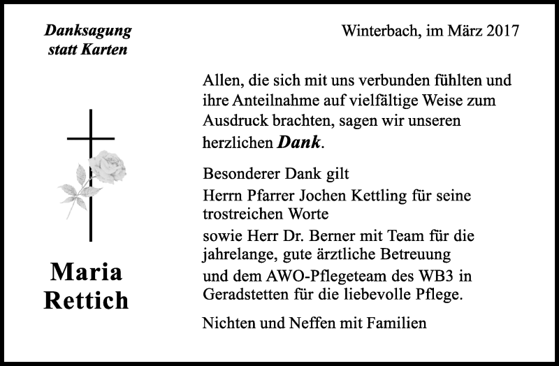  Traueranzeige für Maria Rettich vom 11.03.2017 aus Waiblinger Kreiszeitung