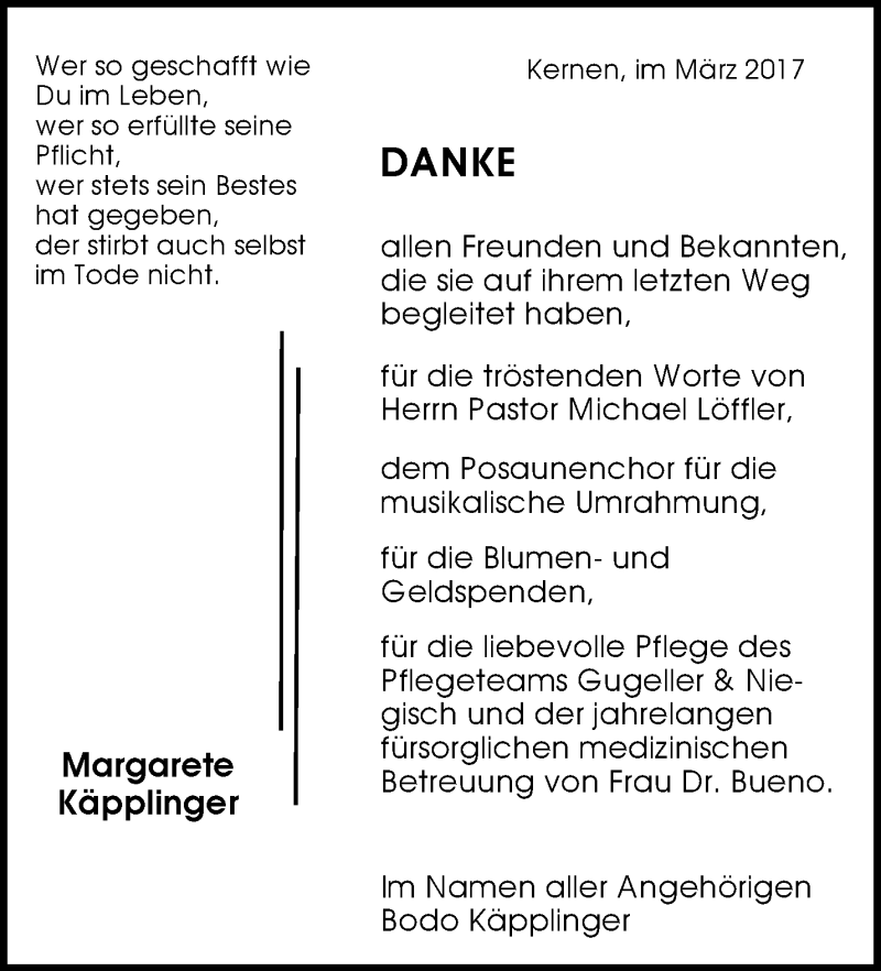  Traueranzeige für Margarete Käpplinger vom 28.03.2017 aus Waiblinger Kreiszeitung