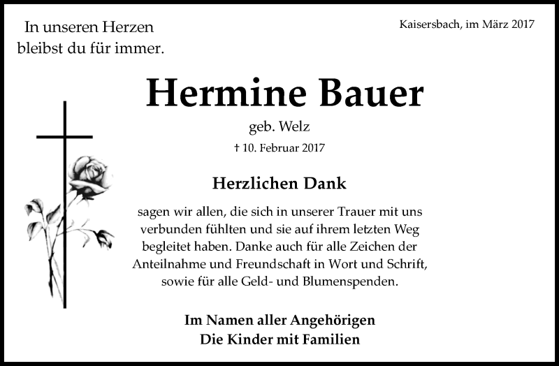  Traueranzeige für Hermine Bauer vom 16.03.2017 aus Waiblinger Kreiszeitung