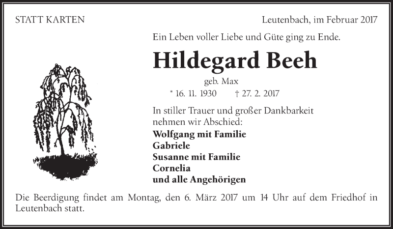  Traueranzeige für Hildegard Beeh vom 02.03.2017 aus Waiblinger Kreiszeitung