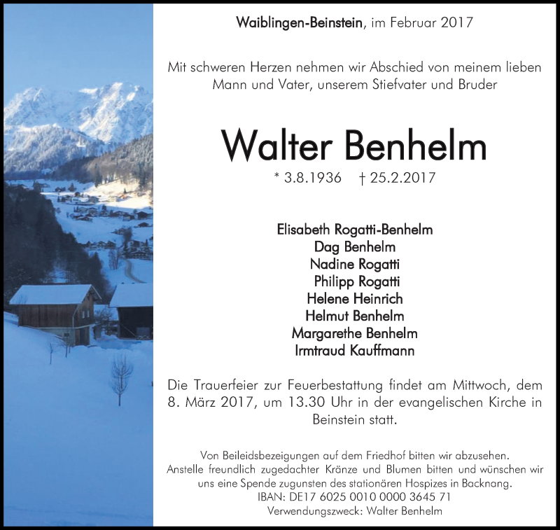  Traueranzeige für Walter Benhelm vom 02.03.2017 aus Waiblinger Kreiszeitung