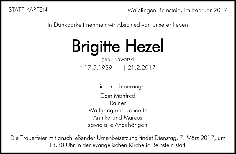  Traueranzeige für Brigitte Hezel vom 02.03.2017 aus Waiblinger Kreiszeitung