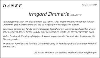 Traueranzeige von Irmgard Zimmerle von Waiblinger Kreiszeitung