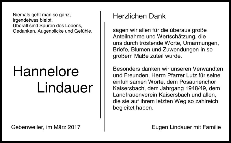  Traueranzeige für Hannelore Lindauer vom 24.03.2017 aus Waiblinger Kreiszeitung