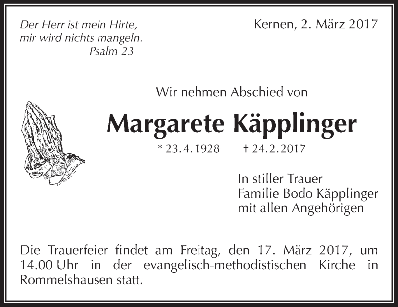  Traueranzeige für Margarete Käpplinger vom 02.03.2017 aus Waiblinger Kreiszeitung
