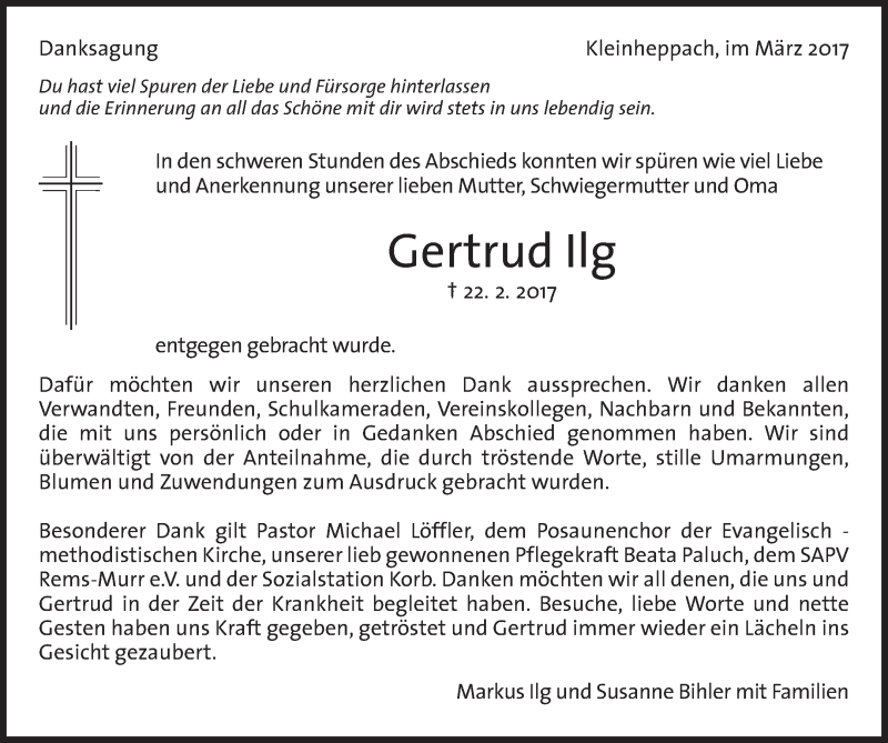  Traueranzeige für Gertrud Ilg vom 08.03.2017 aus Waiblinger Kreiszeitung