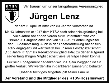 Traueranzeige von Jürgen Lenz von Waiblinger Kreiszeitung