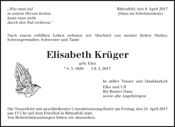 Traueranzeige von Elisabeth Krüger von Waiblinger Kreiszeitung