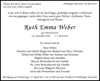 Traueranzeige von Ruth Emma Weber von Waiblinger Kreiszeitung