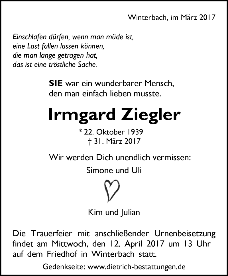  Traueranzeige für Irmgard Ziegler vom 08.04.2017 aus Waiblinger Kreiszeitung