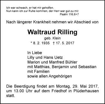 Traueranzeige von Waltraud Rilling von Waiblinger Kreiszeitung