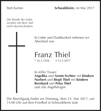 Traueranzeige von Franz Thiel von Waiblinger Kreiszeitung