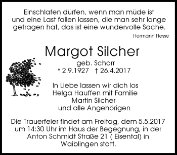 Traueranzeige von Margot Silcher von Waiblinger Kreiszeitung