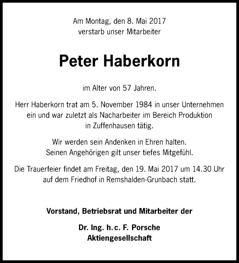  Traueranzeige für Peter Haberkorn vom 13.05.2017 aus Waiblinger Kreiszeitung