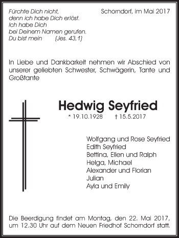 Traueranzeige von Hedwig Seyfried von Waiblinger Kreiszeitung
