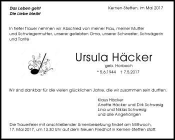 Traueranzeige von Ursula Häcker von Waiblinger Kreiszeitung