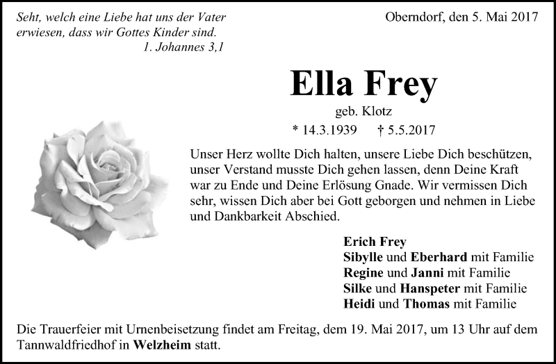  Traueranzeige für Ella Frey vom 15.05.2017 aus Waiblinger Kreiszeitung