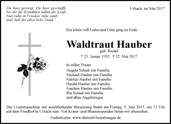 Traueranzeige von Waldtraut Hauber von Waiblinger Kreiszeitung