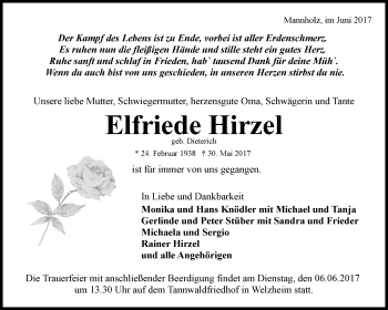 Traueranzeige von Elfriede Hirzel von Waiblinger Kreiszeitung