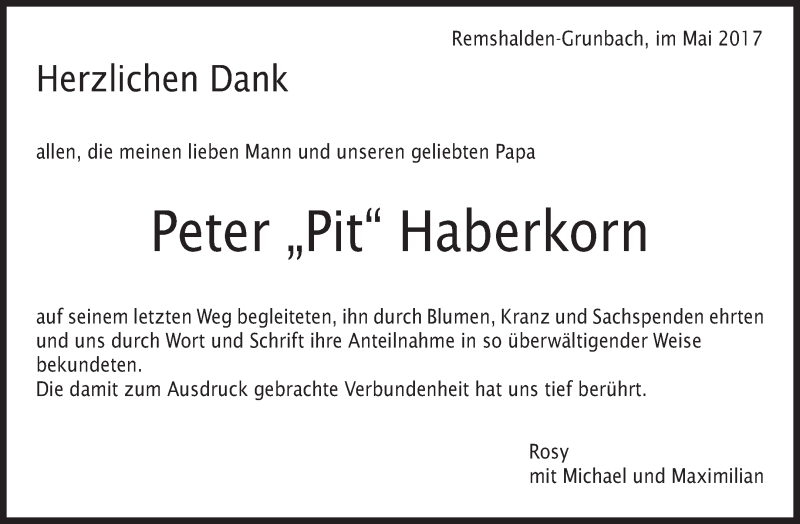  Traueranzeige für Peter Haberkorn vom 03.06.2017 aus Waiblinger Kreiszeitung
