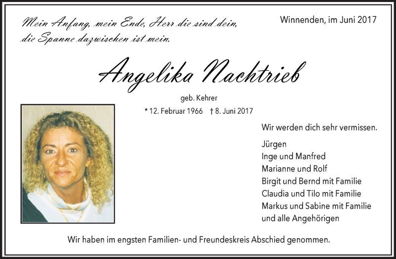  Traueranzeige für Angelika Nachtrieb vom 19.06.2017 aus Waiblinger Kreiszeitung