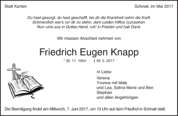 Traueranzeige von Friedrich Eugen Knapp von Waiblinger Kreiszeitung