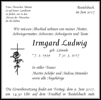 Traueranzeige von Irmgard Ludwig von Waiblinger Kreiszeitung