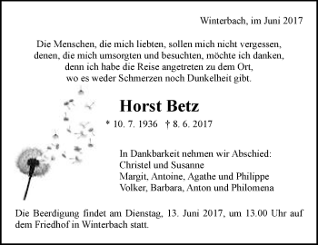 Traueranzeige von Horst Betz von Waiblinger Kreiszeitung