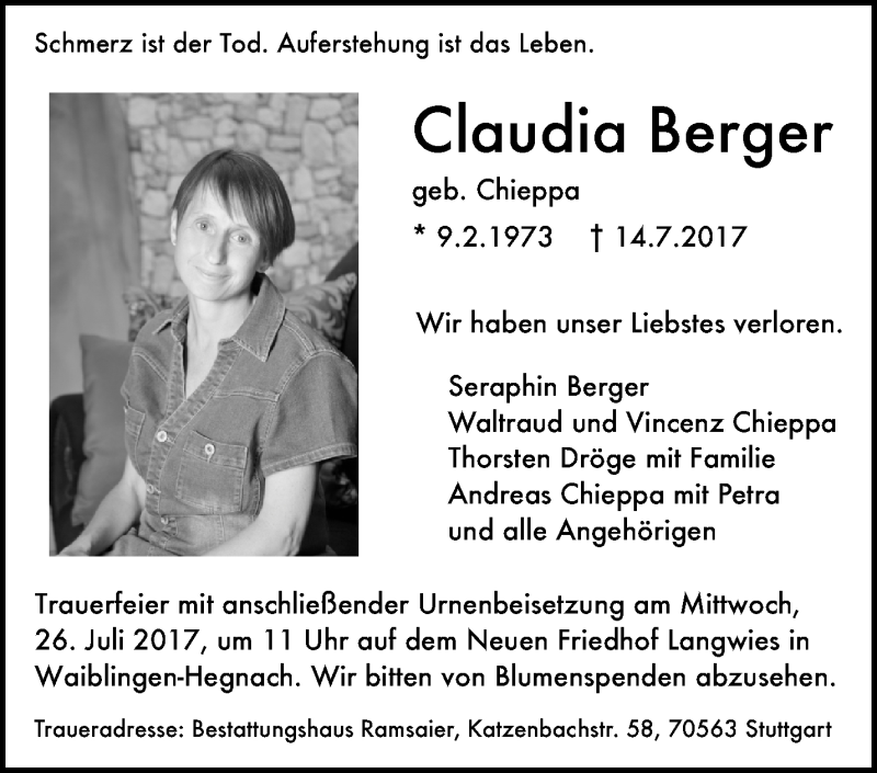  Traueranzeige für Claudia Berger vom 22.07.2017 aus Waiblinger Kreiszeitung