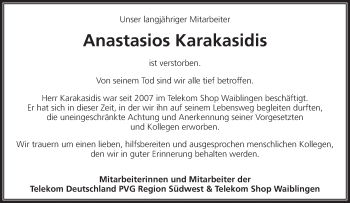 Traueranzeige von Anastasios Karakasidis von Waiblinger Kreiszeitung