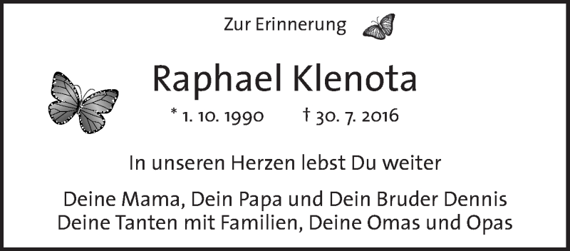  Traueranzeige für Raphael Klenota vom 29.07.2017 aus Waiblinger Kreiszeitung