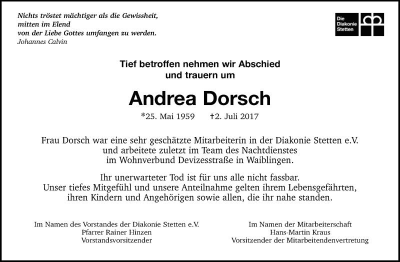  Traueranzeige für Andrea Dorsch vom 08.07.2017 aus Waiblinger Kreiszeitung