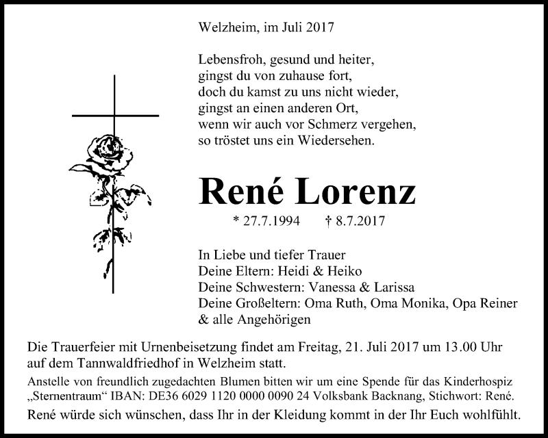  Traueranzeige für Rene Lorenz vom 17.07.2017 aus Waiblinger Kreiszeitung