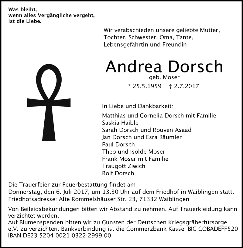  Traueranzeige für Andrea Dorsch vom 05.07.2017 aus Waiblinger Kreiszeitung