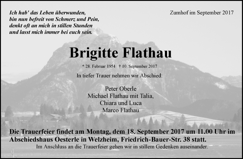  Traueranzeige für Brigitte Flathau vom 13.09.2017 aus Waiblinger Kreiszeitung