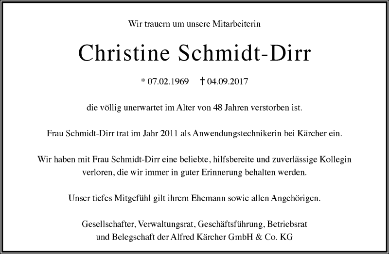  Traueranzeige für Christine Schmidt-Dirr vom 13.09.2017 aus Waiblinger Kreiszeitung