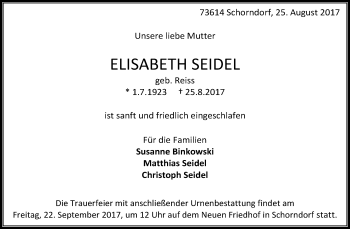 Traueranzeige von Elisabeth Seidel von Waiblinger Kreiszeitung