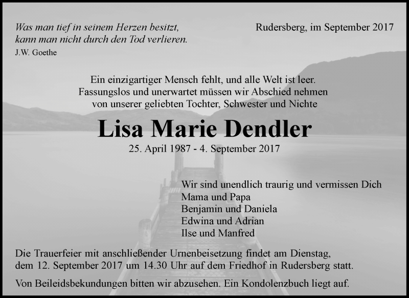  Traueranzeige für Lisa Marie Dendler vom 08.09.2017 aus Waiblinger Kreiszeitung