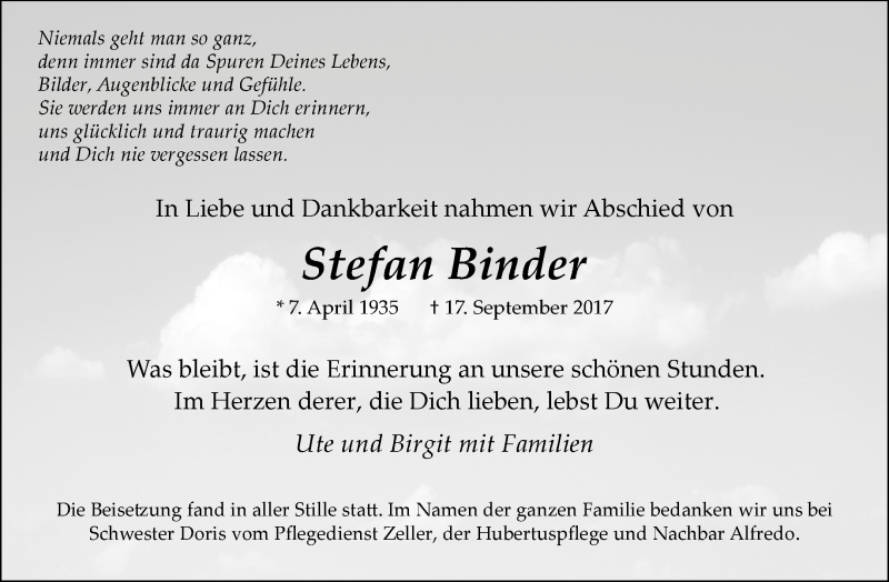  Traueranzeige für Stefan Binder vom 29.09.2017 aus Waiblinger Kreiszeitung