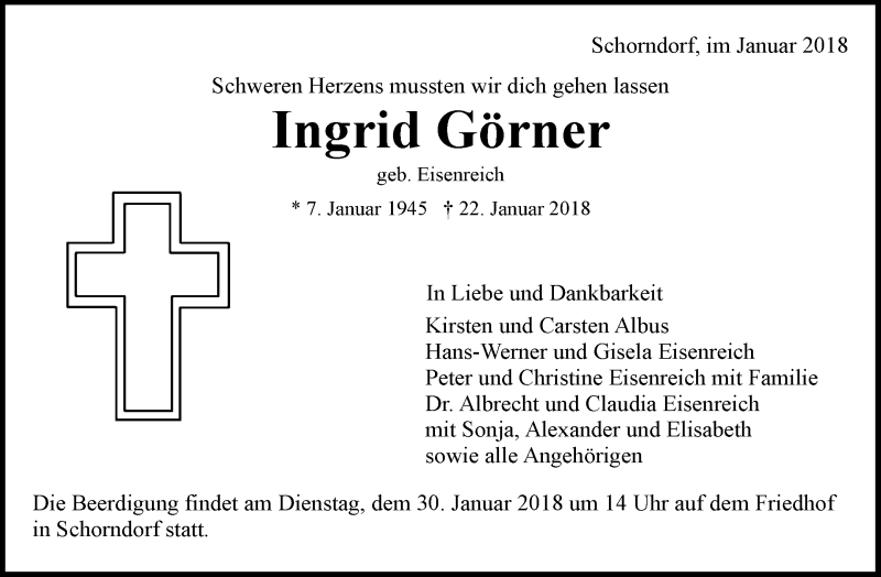  Traueranzeige für Ingrid Görner vom 25.01.2018 aus Waiblinger Kreiszeitung