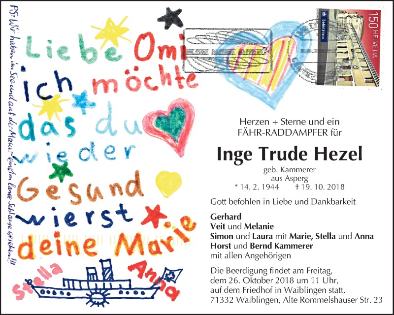  Traueranzeige für Inge Trude Hezel vom 23.10.2018 aus Waiblinger Kreiszeitung