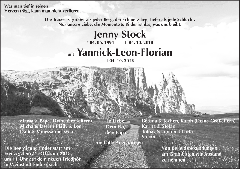  Traueranzeige für Jenny und Yannick-Leon-Florian Stock vom 10.10.2018 aus Waiblinger Kreiszeitung