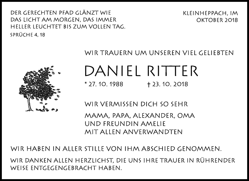  Traueranzeige für Daniel Ritter vom 02.11.2018 aus Waiblinger Kreiszeitung