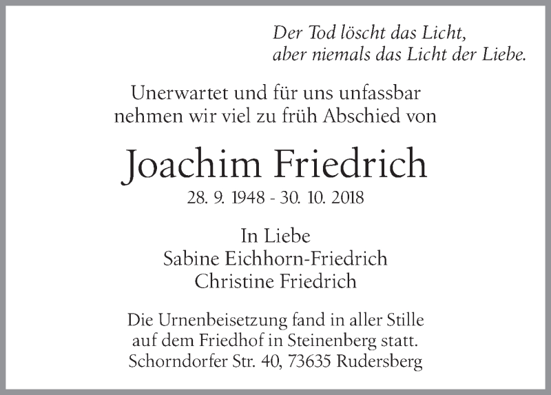  Traueranzeige für Joachim Friedrich vom 16.11.2018 aus Waiblinger Kreiszeitung