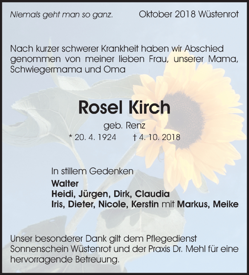  Traueranzeige für Rosel Kirch vom 10.11.2018 aus Waiblinger Kreiszeitung